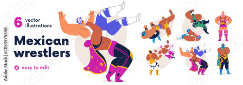 Luchadores set. Mexican wrestlers fight. Lucha libre fighters wrestling in ma...