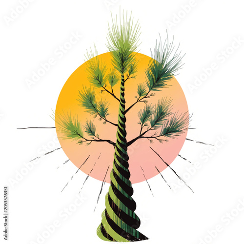 Pine tree with abstract gradient circle behind, modern style, white background