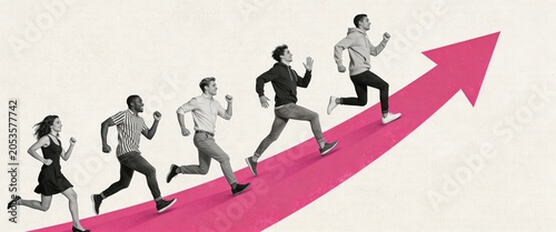 Diverse Group Running Upward on Bright Pink Growth Arrow
