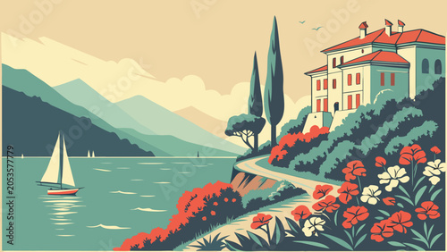Lake como italy lakeside landscape with blooming flowers elegant villa sailing boat and mountain scenery in retro travel poster style