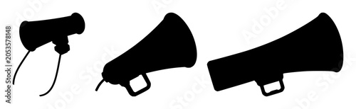 Black silhouette, white background: megaphone set with simple line art design featuring simple design, minimalist, black and white with illustrations and graphics