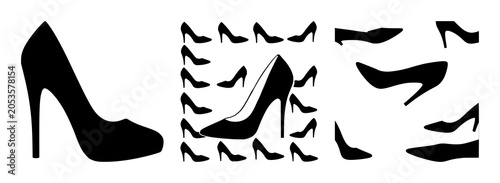 Black silhouette, white background: high heel shoe set with simple line art design featuring simple design, minimalist, black and white with illustrations and graphics