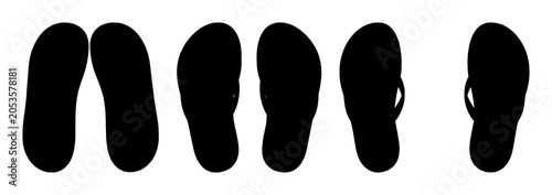 Black silhouette, white background: flip flops set with simple line art design featuring outline, illustration, graphic elements with clean design and vector art