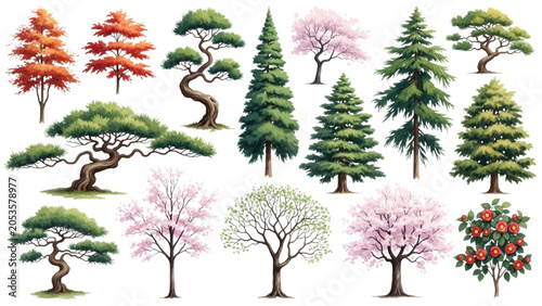 Japanese Tree Watercolor Collection Vector Pack with Sakura Bonsai and Zen Garden Trees