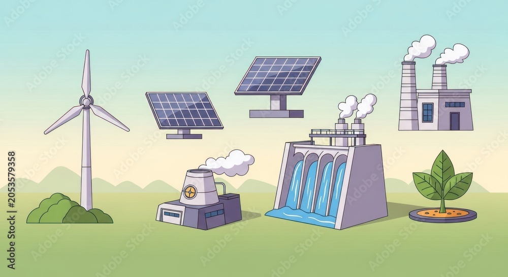 Naklejka premium Collection of renewable and nonrenewable energy sources illustrated.