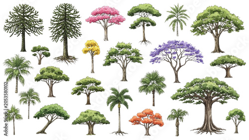 South American Native Tree Species Vector Pack with Ceiba Jacaranda and Tropical Landscape Trees
