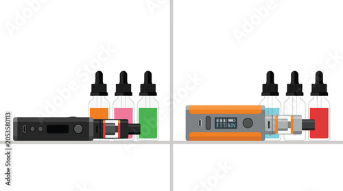 Photos Modern Vape Mod Kits with Colorful E-Liquid Bottles Displayed on Shelf Isolated