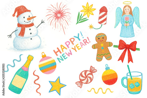 Happy New Year, Christmas, Party, colored pencils, watercolor, hand drawing