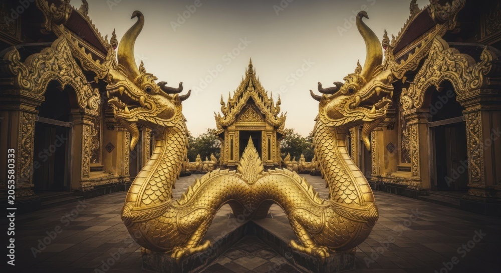 Fototapeta premium Golden Naga Statues Guarding a Thai Temple Entrance.