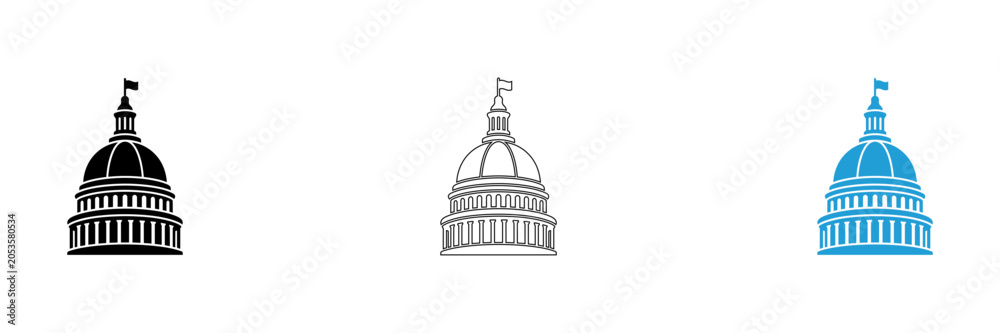 Fototapeta premium Us capitol building illustration set in three styles isolated on transparent background, Vector