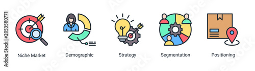 Photos Market strategy icon set featuring demographic,targeting,and positioning icons for business planning and audience analysis projects