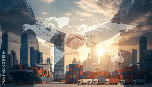 Global business partnership and international trade concept with handshake overlayed on a cityscape and world map.