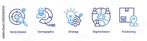 Photos Market strategy icon set featuring demographic,targeting,and positioning icons for business planning and audience analysis projects