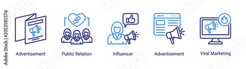 Foto Advertising media icon set featuring influencer,viral marketing,and public relation icons for promotion and branding projects