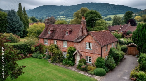 Charming English cottage surrounded by lush greenery and scenic hills under a cloudy sky