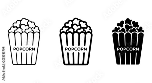 Popcorn icon set, outline, solid, silhouette, white background, vector illustration