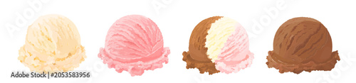 Bild auf Leinwand Set of vanilla, strawberry, chocolate and neapolitan ice cream scoop