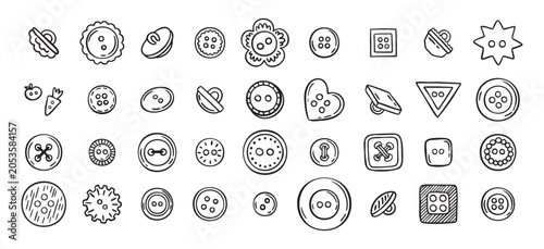 Sewing buttons line hand drawn doodle art icons set. Sewing accessories clothes various outline shapes. 
