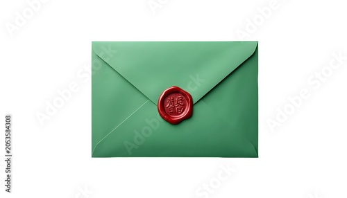 envelope with wax seal, green envelope with wax seal, green envelope isolated on white