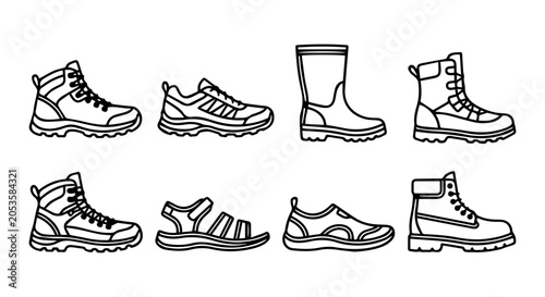 Obraz na płótnie 7 Shoe silhouette icons, footwear set, solid line style, fashion accessories