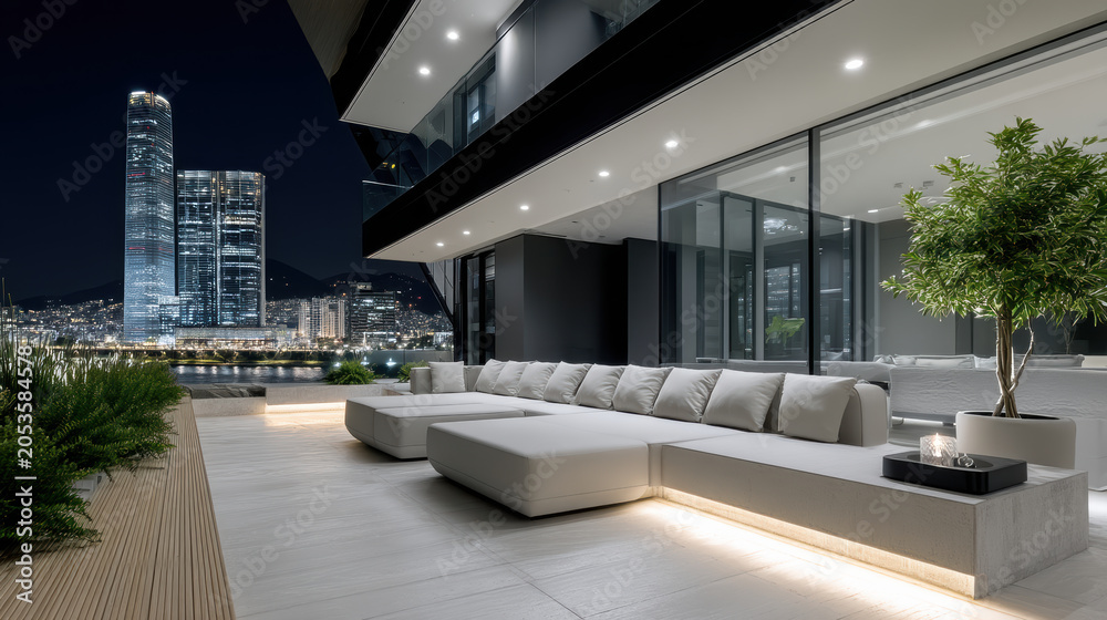 Naklejka premium Night view outdoor lounge luxury terrace modern apartment city skyline waterfront sectional sofa ambient lighting, serene balcony with glass facade