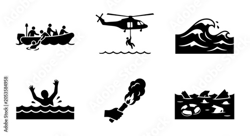 Εκτύπωση καμβά Rescue icon set, silhouette, white background