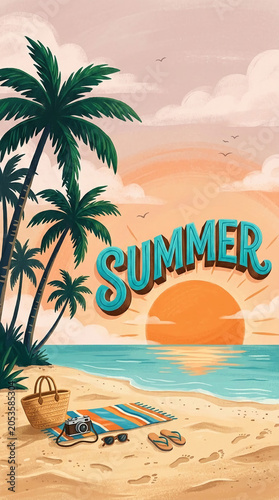 A vibrant beach scene with palm trees  a sunset  and beach essentials  symbolizing vacation  relaxation  and summer vibes