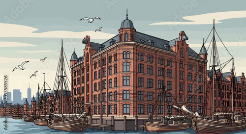 Canvastavla Historical Brick Warehouse Building on Waterfront with Vintage Sailing Ships