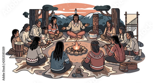 Indigenous People Gathering Around Campfire for Traditional Storytelling