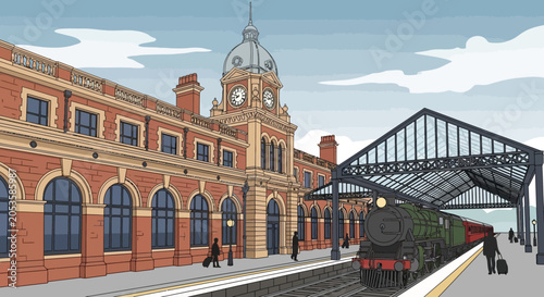 vintage train station with clock tower and steam locomotive