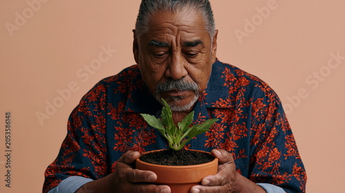 Wise Elderly Latino Man Tending to Vibrant Potted Plant, Embracing Nature's Beauty with Care and Tenderness in a Sunlit Workshop