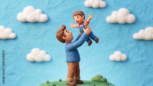 Claymation father lifting happy child in air against blue sky with clouds.