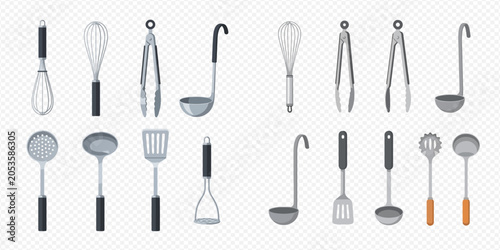 Bild auf Leinwand Collection of various kitchen utensils for cooking and baking, including whisks, tongs, ladles, and spatulas