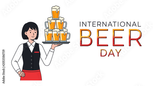 Obraz na płótnie INTERNATIONAL BEER DAY Celebration: A cheerful server presents a towering stack of frothy beer mugs, celebrating International Beer Day with joy and festivity