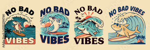 Photography Four cartoon sharks surfing on waves with text no bad vibes