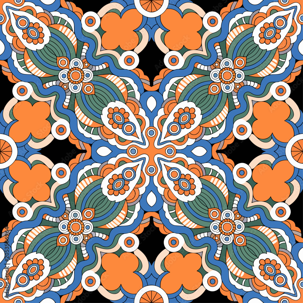 Fototapeta premium Symmetrical retro vector background featuring flowers stars and circular geometry