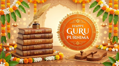 Happy guru purnima celebration with books and feather pen

