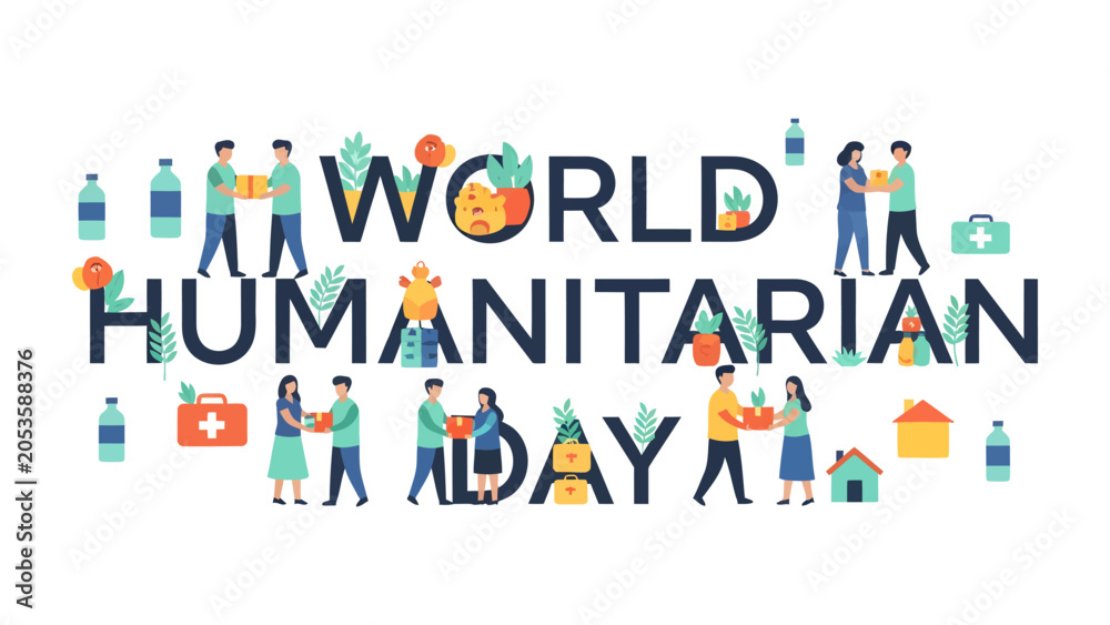 © Md - World Humanitarian Day Celebration: A vibrant illustration symbolizing World Humanitarian Day, with people extending kindness and support through donations and aid.