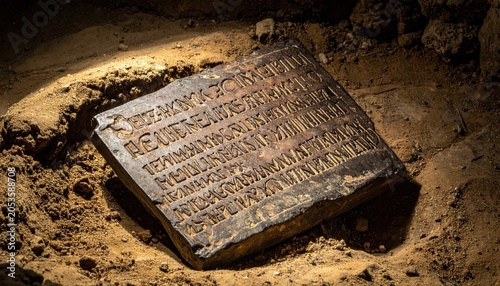Weathered ancient stone tablet bearing archaic Latin script discovered in soil