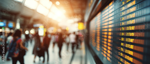 Crowded airport terminal with travelers in motion, departure board in focus, warm sunlight streaming through windows, modern travel concept.