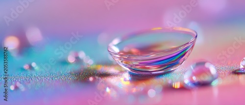 Close-up of a single contact lens with water droplets on a vibrant, pastel gradient background, capturing clarity and freshness.