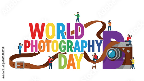 Canvastavla World Photography Day Celebration: Vibrant lettering announces World Photography Day, with tiny figures interacting with a camera and a camera strap, symbolizing the art and joy of capturing moments