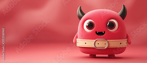 Adorable 3D cartoon devil with big eyes, black horns, and a beige belt, isolated on a soft red background. Perfect for playful branding or childrenâ€™s content.