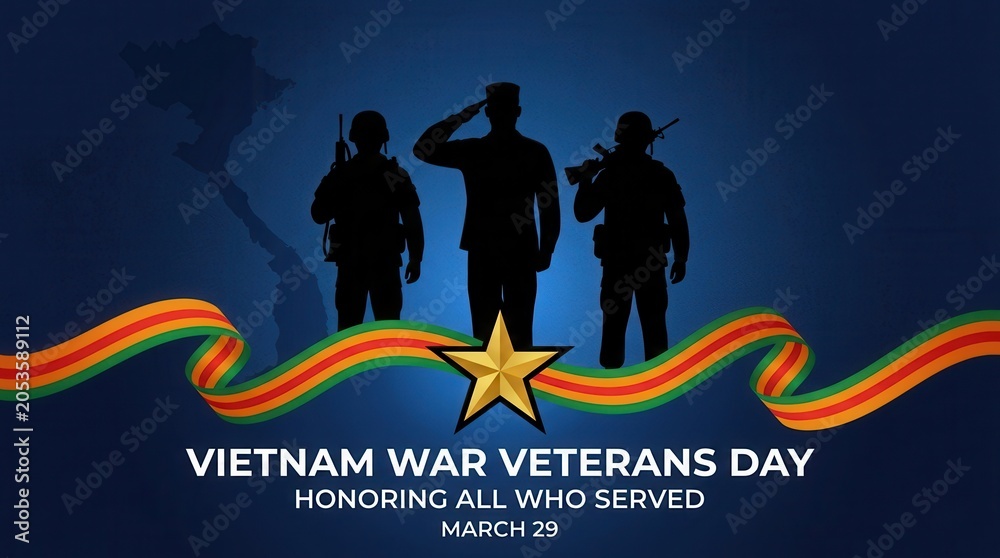 Naklejka premium Vietnam War Veterans Day March 29 with soldier silhouettes saluting against a blue background.