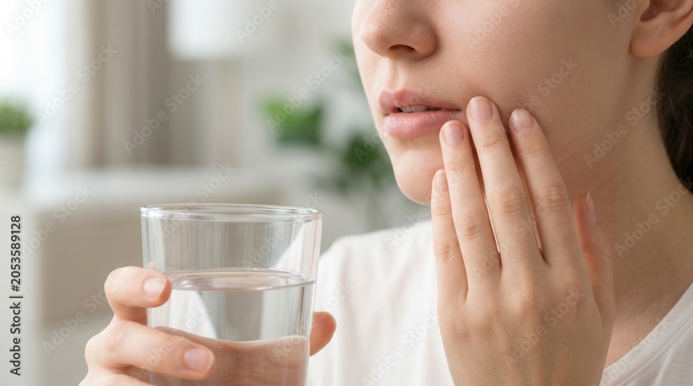 Obraz premium Young person recovering at home after wisdom teeth removal while holding a glass of water.