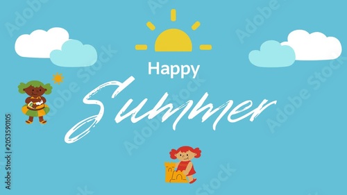 A happy summer scene with a sun and clouds and cartoon characters