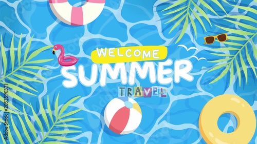 Summer Travel Welcome Message with Pool Floats and Tropical Leaves