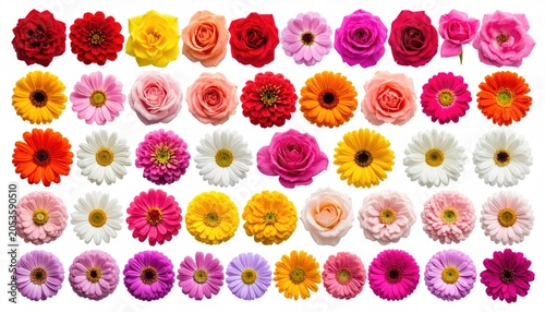 A vibrant collection of colorful flower blooms, showcasing various shapes and sizes against a clean white background