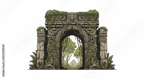 Ancient stone archway overgrown with vines, revealing a lush forest view