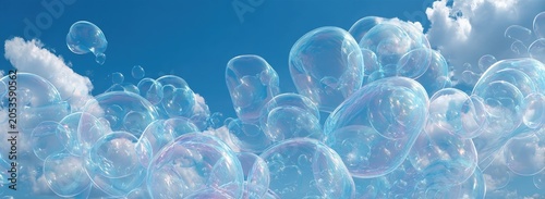 A vibrant composition showcasing a cluster of translucent, iridescent bubbles floating in front of a blue sky with fluffy white clouds